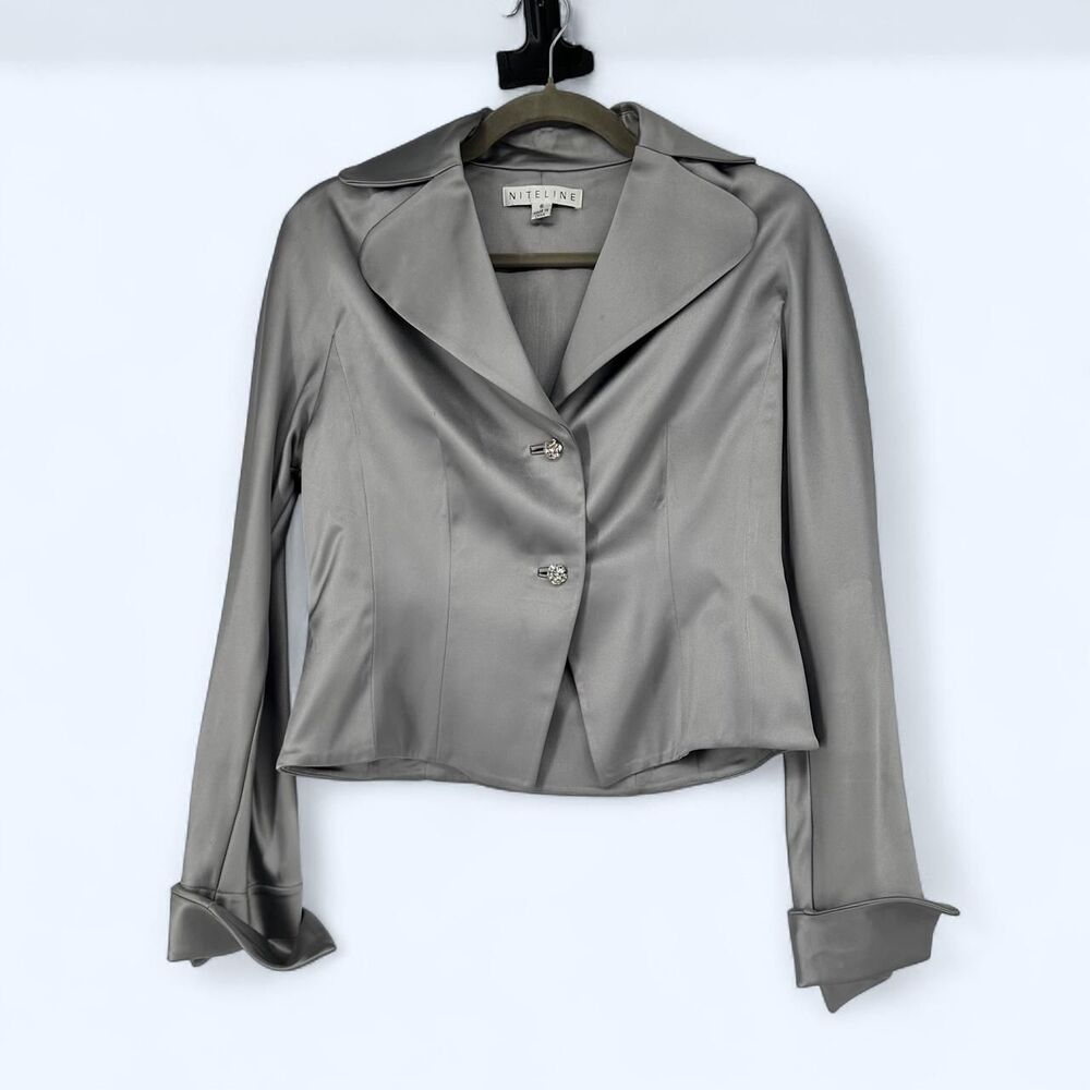Niteline Della Roufogali Silver Satin Rhinestone Button Jacket c. 1990 - 2000